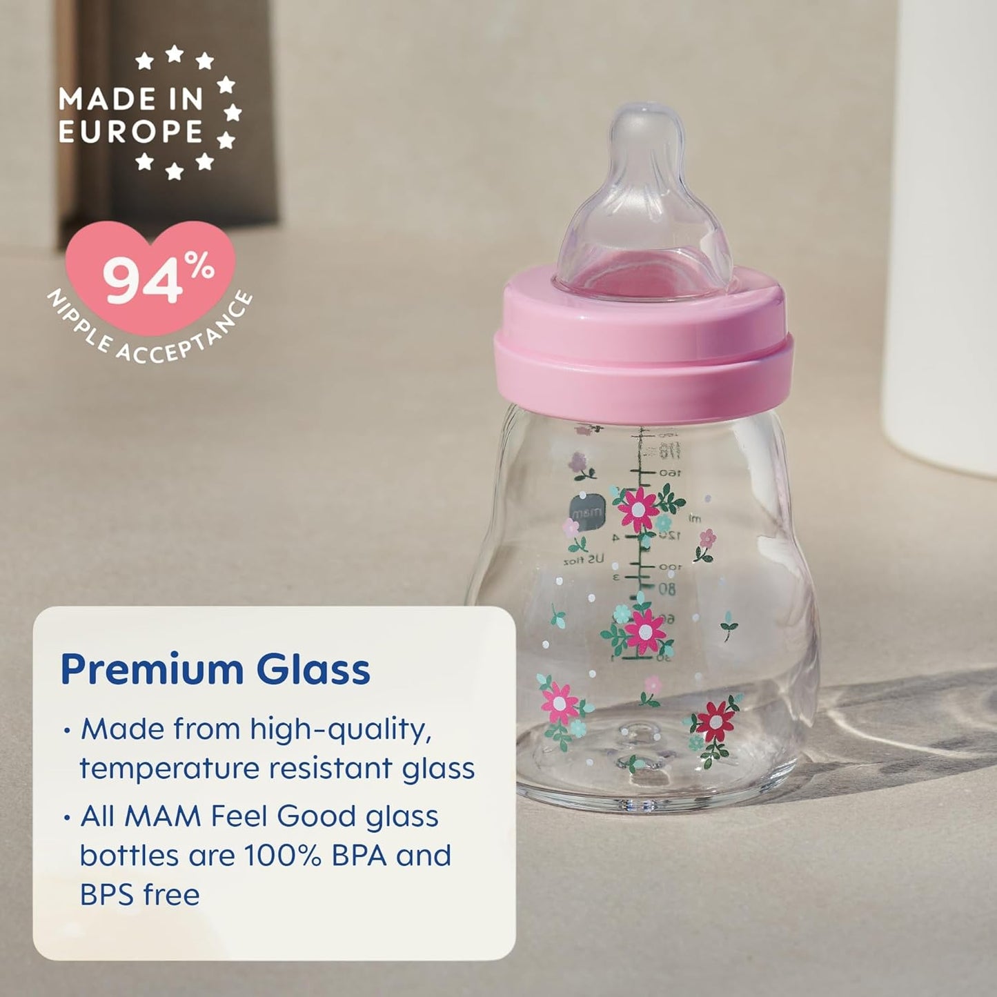 MAM Feel Good Slow Flow, Premium Glass Baby Bottles, Newborn Essentials Must Have, Easy Switch
