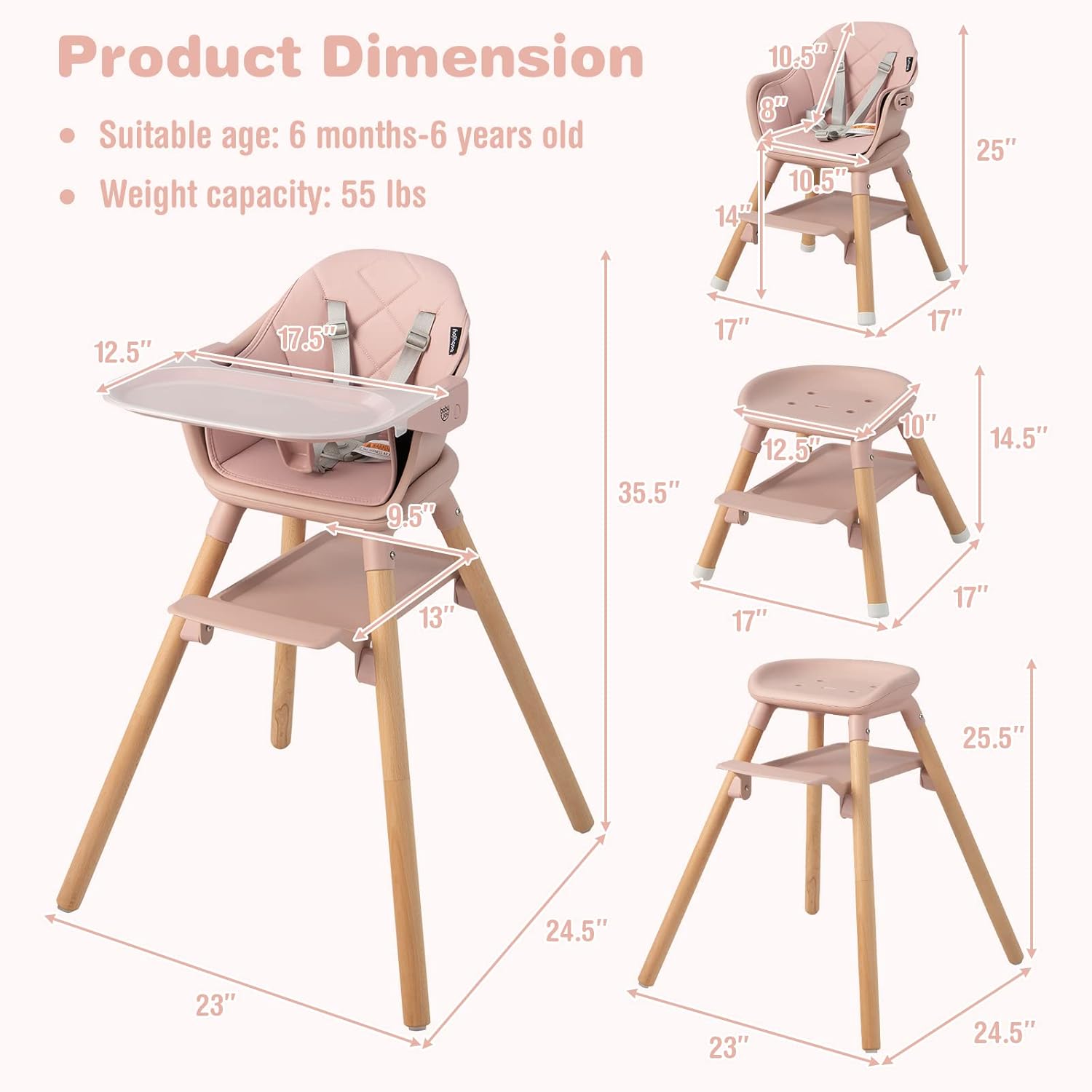 BABY JOY Baby High Chair, 6 in 1 Convertible Wooden High Chair for Babies & Toddlers with