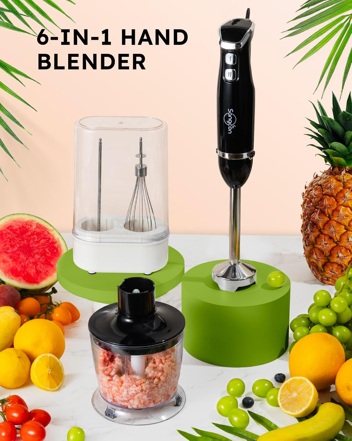 Sangcon 6-in-1 Immersion Blender Handheld, Hand Blender with Chopper & 34oz Blending Cup Storage