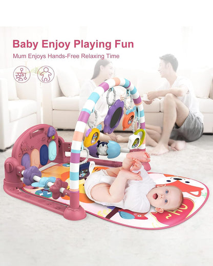 dearlomum Baby Play Mat Gym,Funny Play Piano Tummy Time Baby Activity Mat with 5 Infant Sensory Toys & 4 Wrist Rattle Socks, Boy & Girl Gifts for Newborn 0 to 3 6 9 12 Months(Pink)