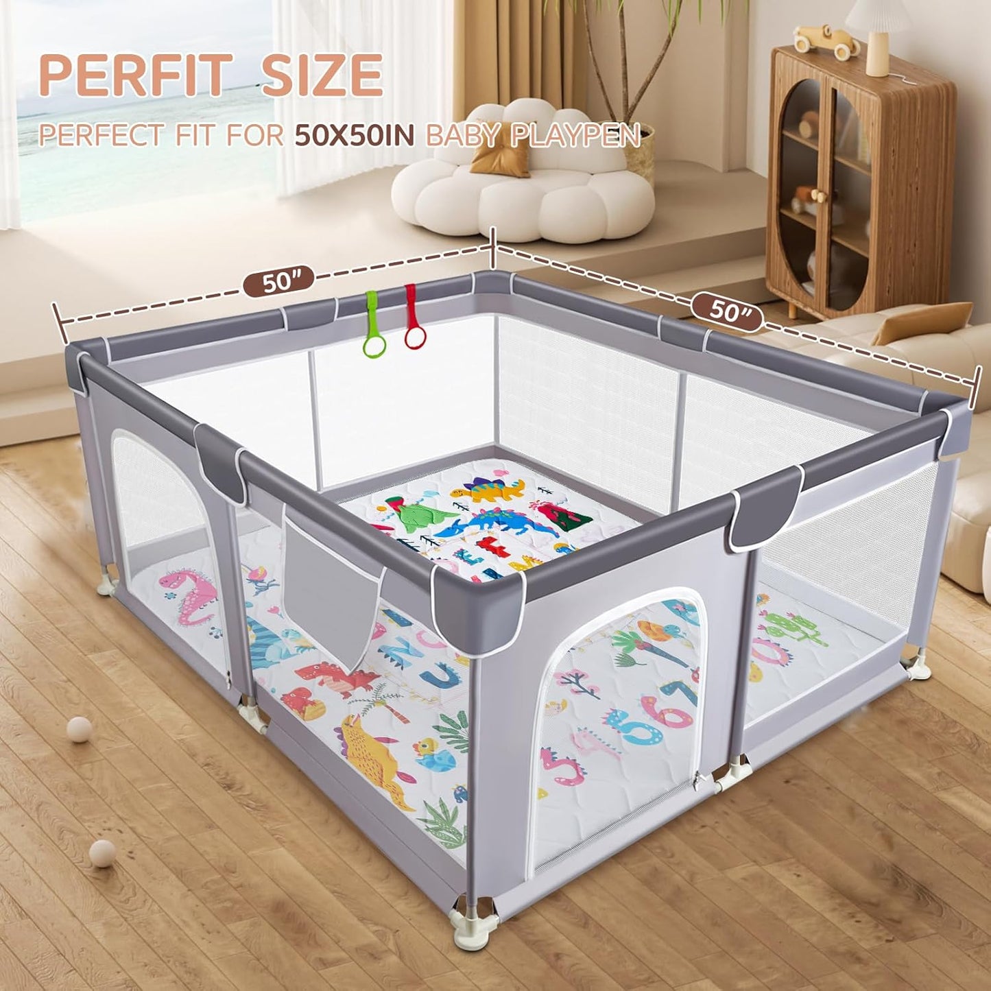 Baby Play Mat - Thicken 50x50 Inch Soft Foam Crawling Mat for Playpen & Floor, Non-Slip Waterproof Playmats for Infants & Toddlers, Portable Foldable & Machine Washable, Dinosaur & Letters