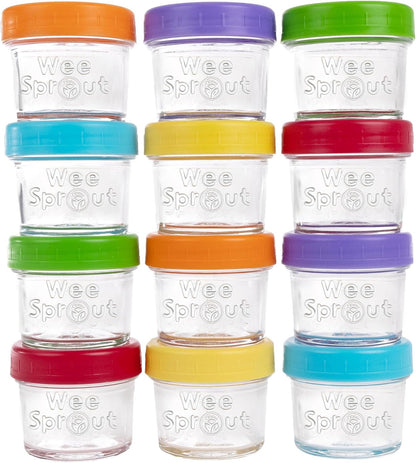 WeeSprout Glass Baby Food Storage Jars w/Lids (4 oz, 12 Pack Set) Snack, Puree, Reusable Small