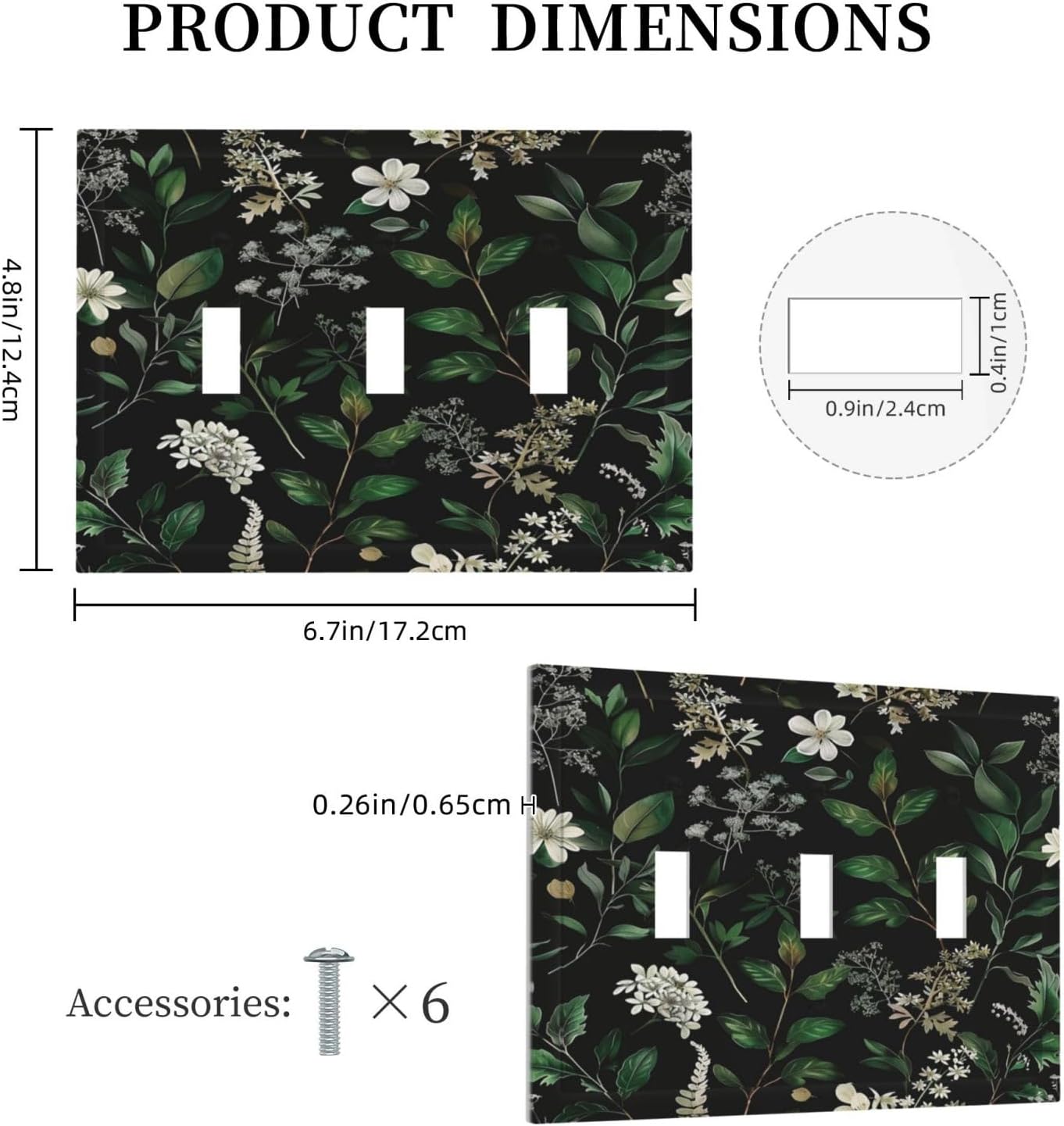 Decorative Switch Covers Plate Rustic Green Leaves White Flower 3 Gang Artistic Wall Plate Unique Triple Toggle Light Switch Plate Jumbo Faceplate for Country Bedroom Home Decor