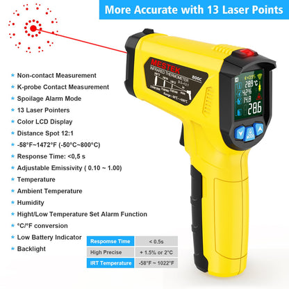 MESTEK Infrared Thermometer Laser Temperature Gun, -58°F to 1472°F (-50~800°C), Non-Contact Digital