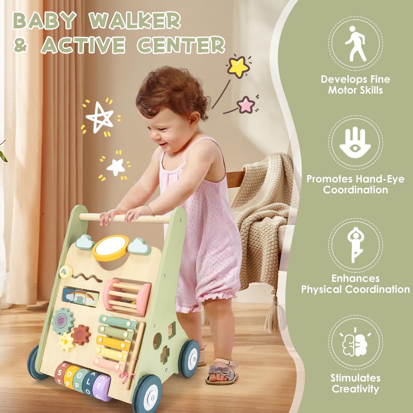 Baby Push Walker, Wooden Baby Walker with Wheels, Montessori Walker for Babies 12 Months