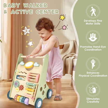 Baby Push Walker, Wooden Baby Walker with Wheels, Montessori Walker for Babies 12 Months