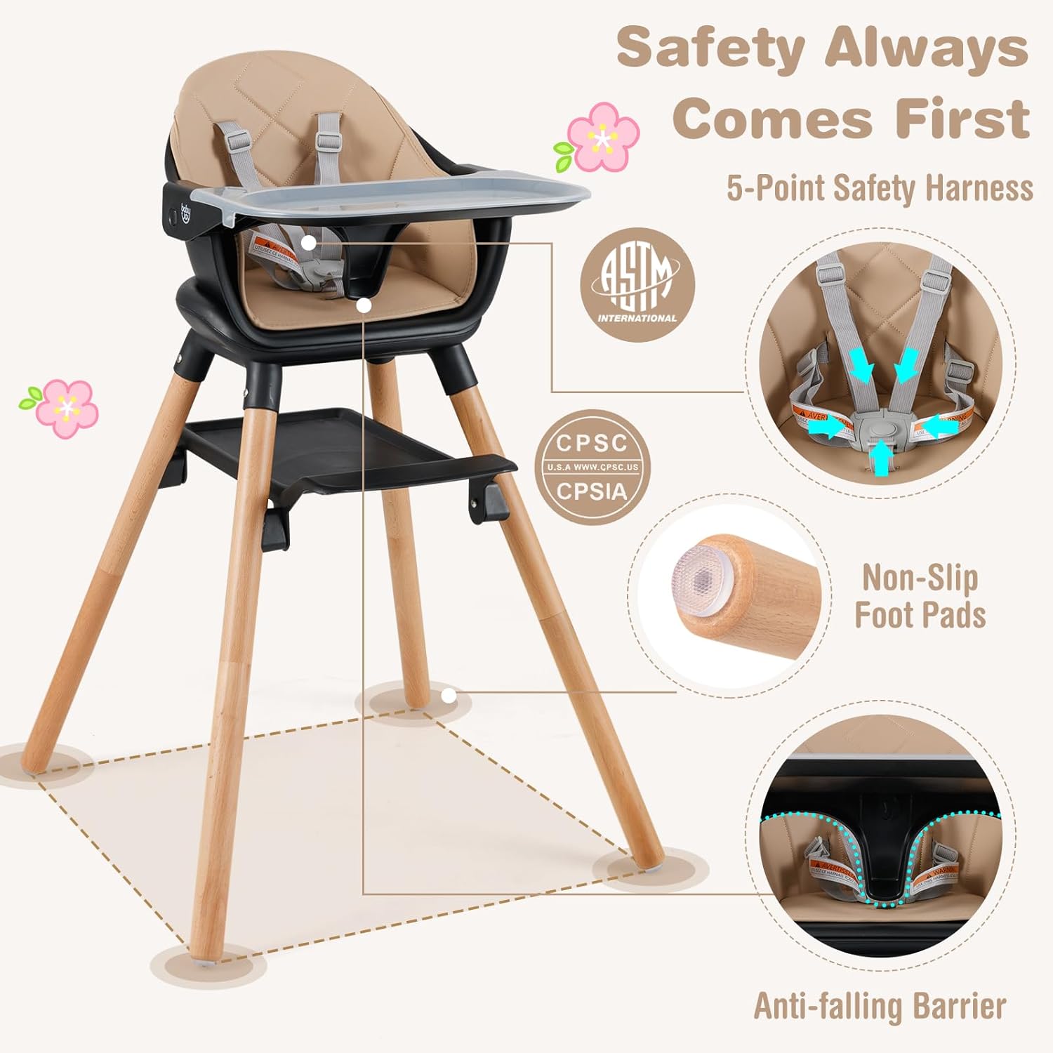 BABY JOY Baby High Chair, 6 in 1 Convertible Wooden High Chair for Babies & Toddlers with