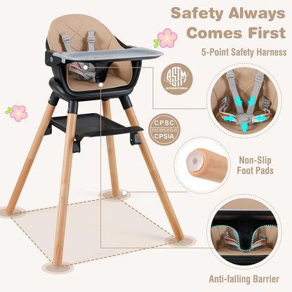 BABY JOY Baby High Chair, 6 in 1 Convertible Wooden High Chair for Babies & Toddlers with