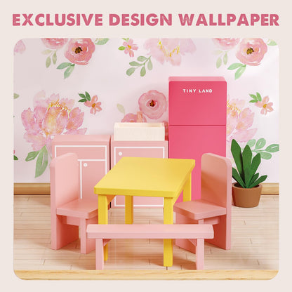 Tiny Land Wooden Dollhouse for Girls - 6 Rooms Wooden Doll House