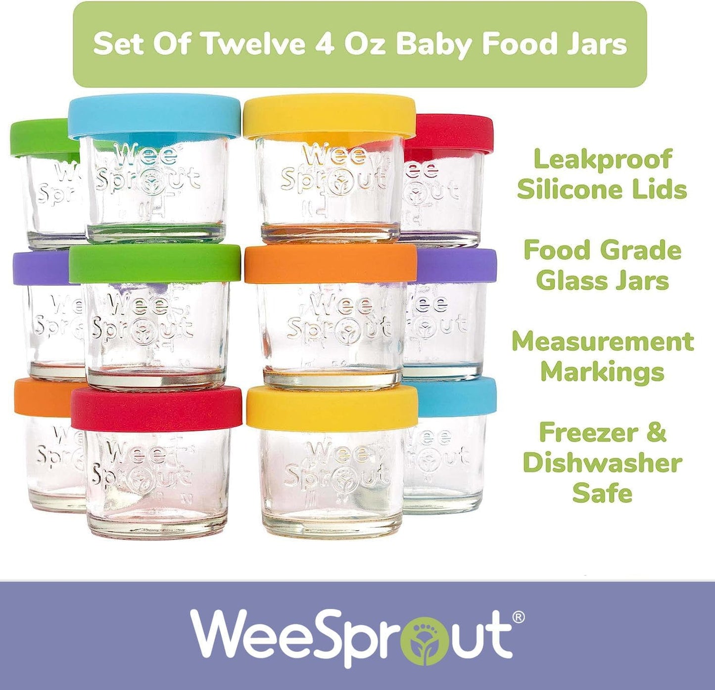 WeeSprout Glass Baby Food Storage Jars w/Lids (4 oz, 12 Pack Set) Snack, Puree, Reusable Small