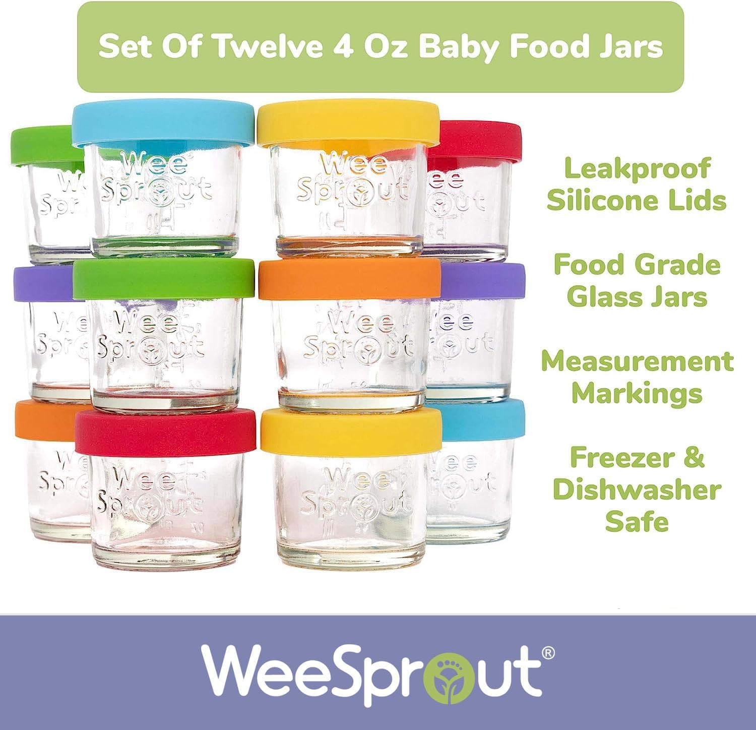 WeeSprout Glass Baby Food Storage Jars w/Lids (4 oz, 12 Pack Set) Snack, Puree, Reusable Small
