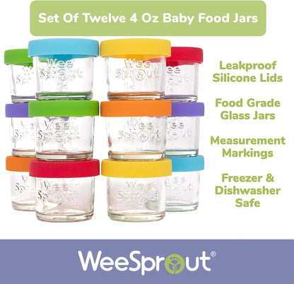 WeeSprout Glass Baby Food Storage Jars w/Lids (4 oz, 12 Pack Set) Snack, Puree, Reusable Small