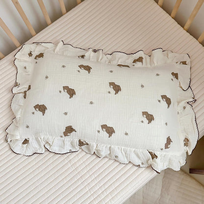 BuLuTu Cartoon Bear Muslin Pillowcase for Boys Girls Cute Animal Print Toddler Pillow Cases Soft Breathable Cotton Crib Cradle Pillow Cover for Kids Nursery Bedding,1 Piece, 14"x20"
