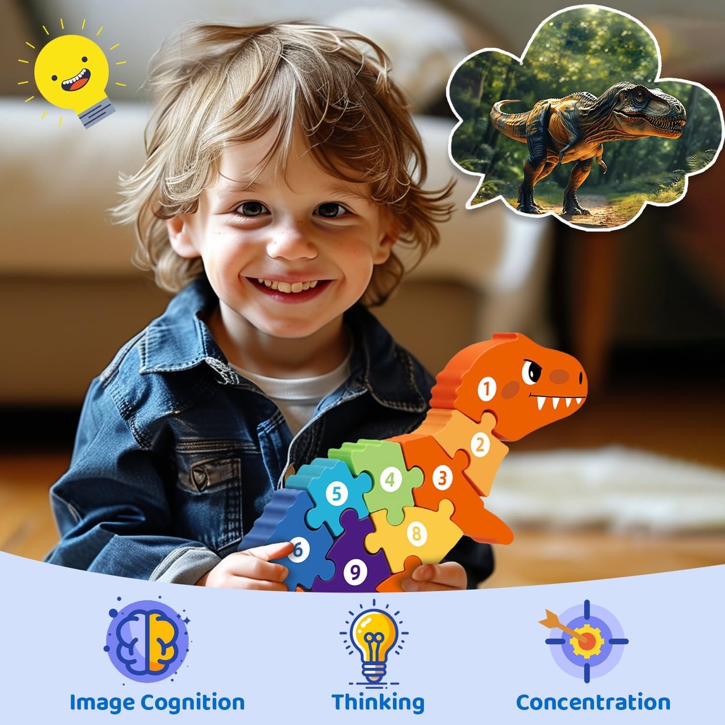 Dinosaur Puzzles for 1+ Year Old, Wooden Puzzles for Toddlers 1-3, Dinosaur Toys for Kids 2-4 Boys/Girls, Large Floor Chunky Dino Puzzles Ages 3-5, Learning Number Color 4-6, Allosaurus