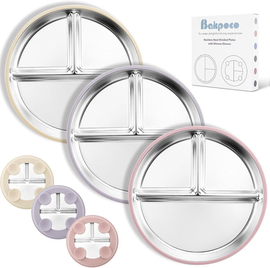 Stainless Steel Suction Plates for Toddlers, 9" Divided Kids Baby Plates with Removable Silicone Suction, Non Toxic Non Slip Portion Control Snack Dishes 3 Packs, Pink Beige Lilac