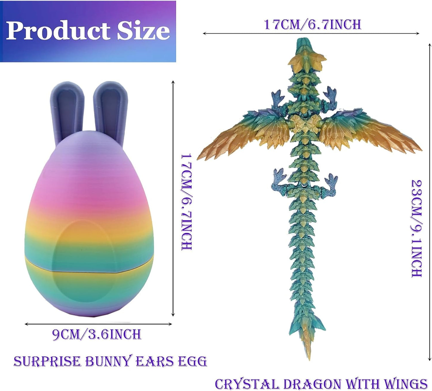 Easter 3D Printed Dragon in Egg with Wing, Full Articulated Dragon Crystal Dragon with Bunny Ears Eggs, Crystal Dragon Fidget Toys, Fidget Toys for Kids Adults Easter Gifts (Multi-colors)