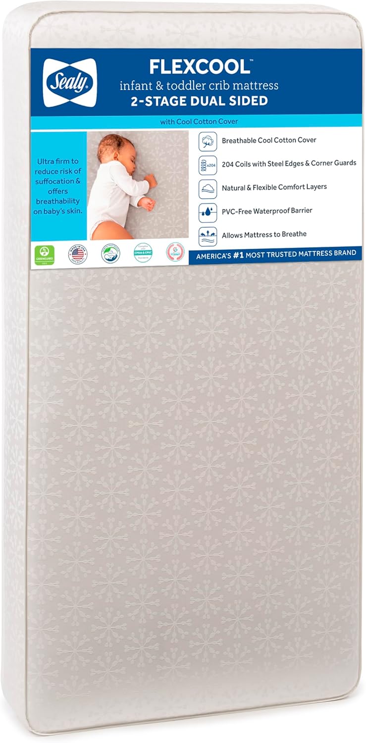 Sealy Baby Flex Cool 2 Stage Breathable Crib Mattress with Toddler Bed Fit, Waterproof & Airy