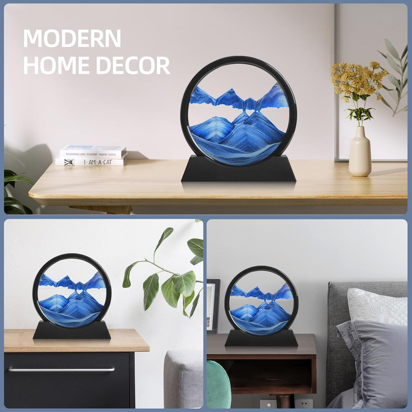 KPNUWN Moving Sand Art Liquid Motion, 3D Deep Sea Sandscape Color Quicksand Decor, Round Glass Moving Sand Art Picture Relaxing Desktop Home Office Work Decor (7 inch-Blue)