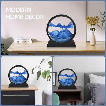 KPNUWN Moving Sand Art Liquid Motion, 3D Deep Sea Sandscape Color Quicksand Decor, Round Glass Moving Sand Art Picture Relaxing Desktop Home Office Work Decor (7 inch-Blue)