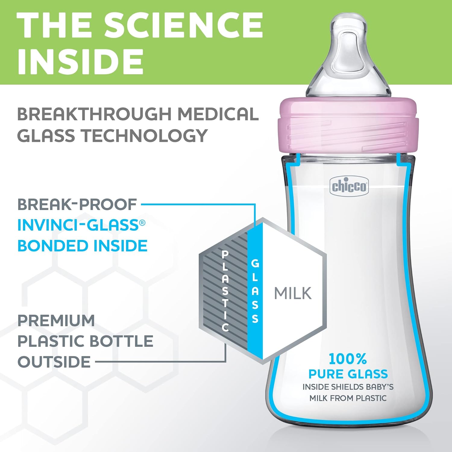 Chicco Duo 9oz. Hybrid Baby Bottle with Invinci-Glass Inside and Plastic Outside | Dishwasher