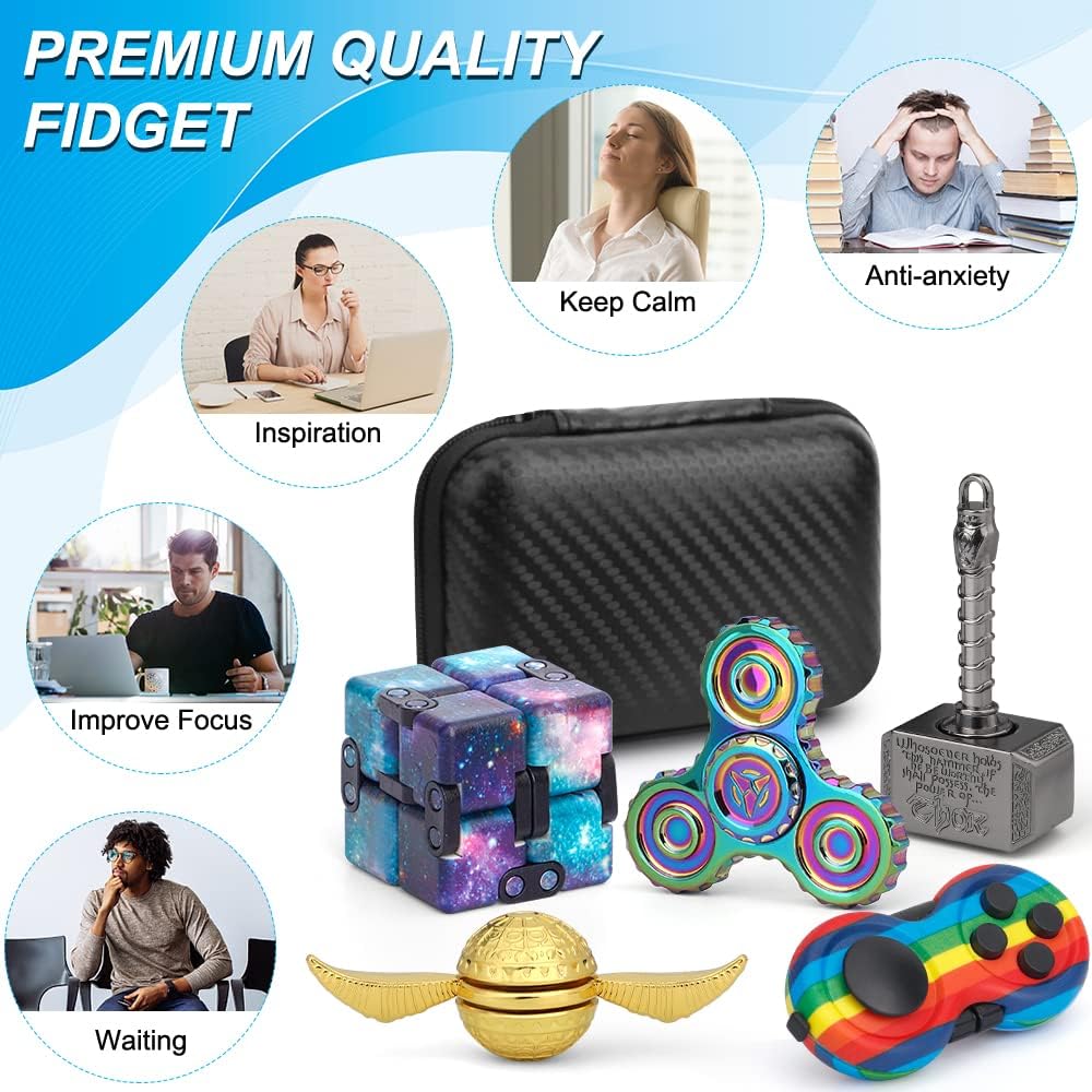 Cool Fidget Toys Set for Kids Adults, Wizard Fidget Spinner, Hammer Finger Hand Spinner, Infinity Cube, Rainbow Fingertip Gyro, Fidget Pad, Gifts for Stress Relief Party Favors Goody Bag Fillers