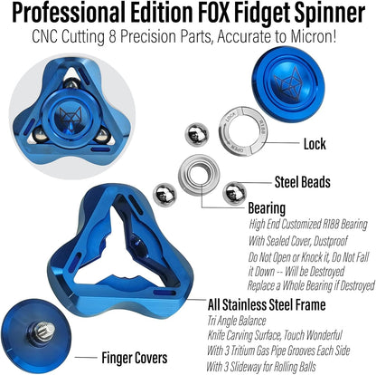 FREELOVE Upgraded Fox Metal Fidget Spinner for Adults, Steel/Glow Balls Clicking Noise, Mini Small Tiny Pocket Tri Finger Gyro, Long Spinning Premium Bearing Toy, Stainless Steel CNC, Blue