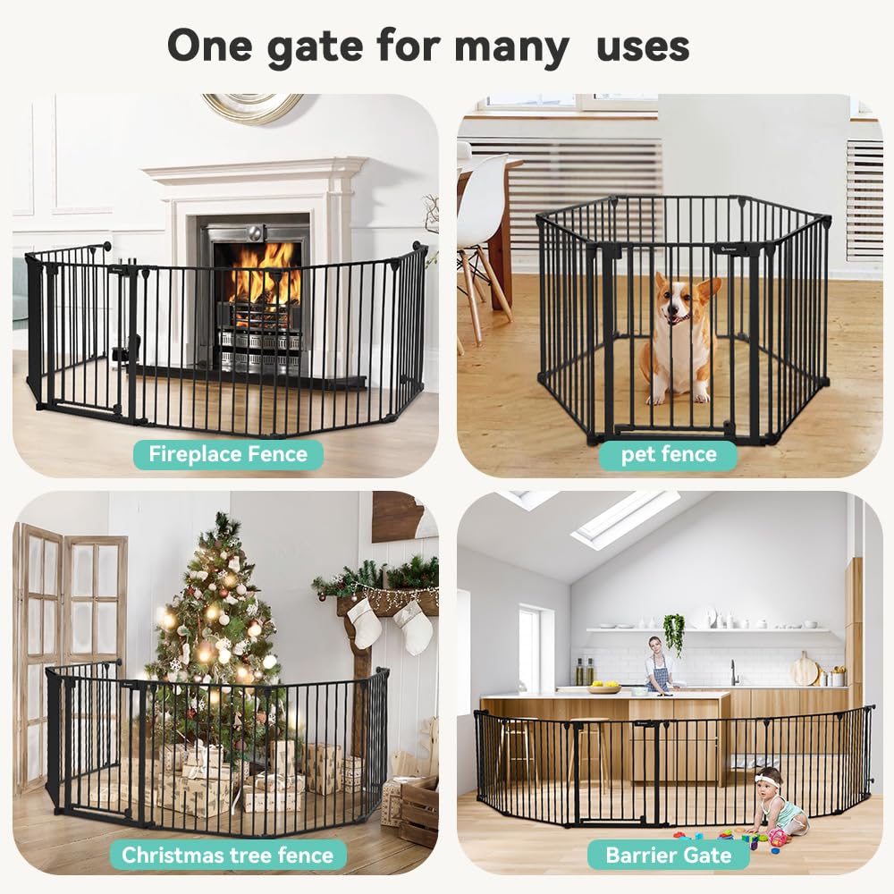 COMOMY 150" Extra Wide Baby Gate with Door, Dog Gates for The House Doorways Fireplace, Auto Close Baby Fence Play Area, Walk Through Pet Gate, Hardware Mounted Baby Gate, 6-Panels (30" Tall, Black)