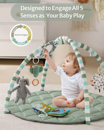 Blissful Diary Waterproof Baby Play Gym Mat, Wipe-Clean Vegan Leather Tummy Time Mat with 6 Detachable Toys, Baby Activity Mat, Sage Green