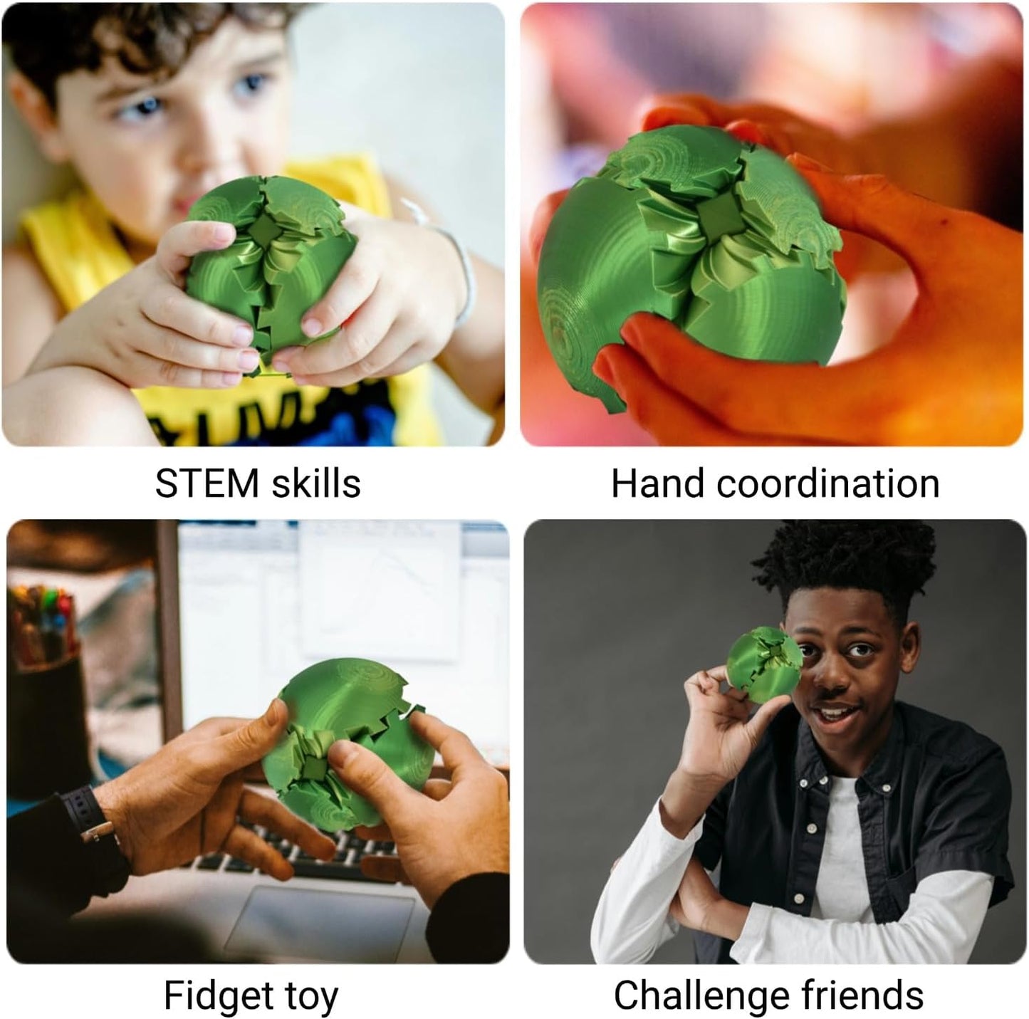 3D Printed Gear Ball, Gear Sphere Fidget Toy Stress Relif Toy for ADHD, Anxiety Relaxing Toy for Adults at Work/Study/Travel, Twisted Yellow-Green