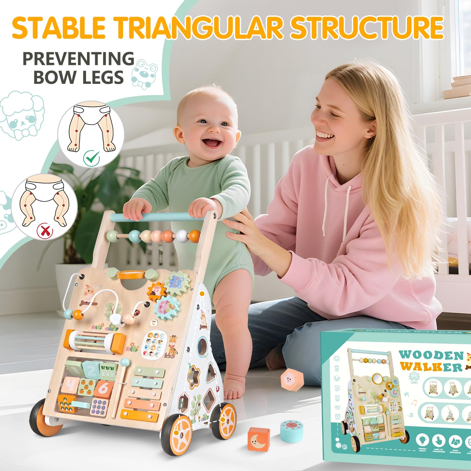 Weilim Wooden Baby Walker, 10-in-1 Montessori Push Walker for Toddlers 1+
