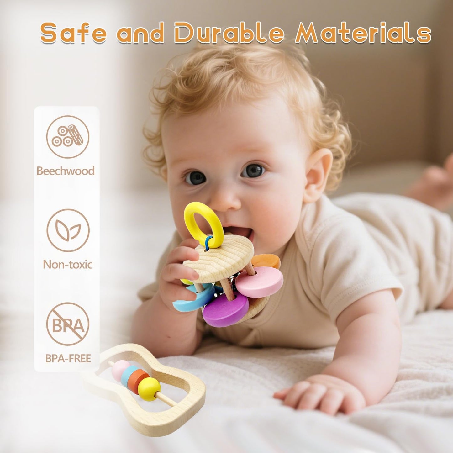 Wooden Baby Rattle, Organic Colorful Baby Rattles Set, Toddler Hand Wooden Rattles Toy Set for