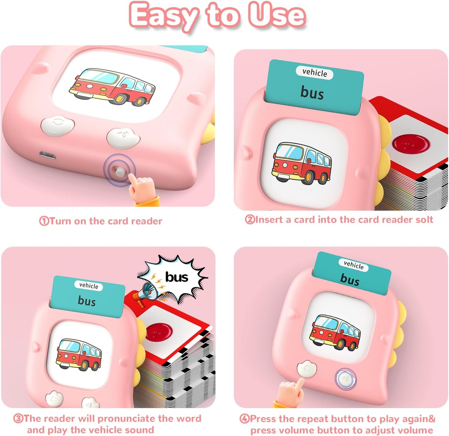 Kidzdo 520 Sight Word Talking Flash Cards, Christmas Birthday Gifts for 2 3 4 5 6 Year Old Girls, ABCs Early Education Learning Toys, Autism Sensory Toys for Autistic Toddlers Ages 2-6, Pink