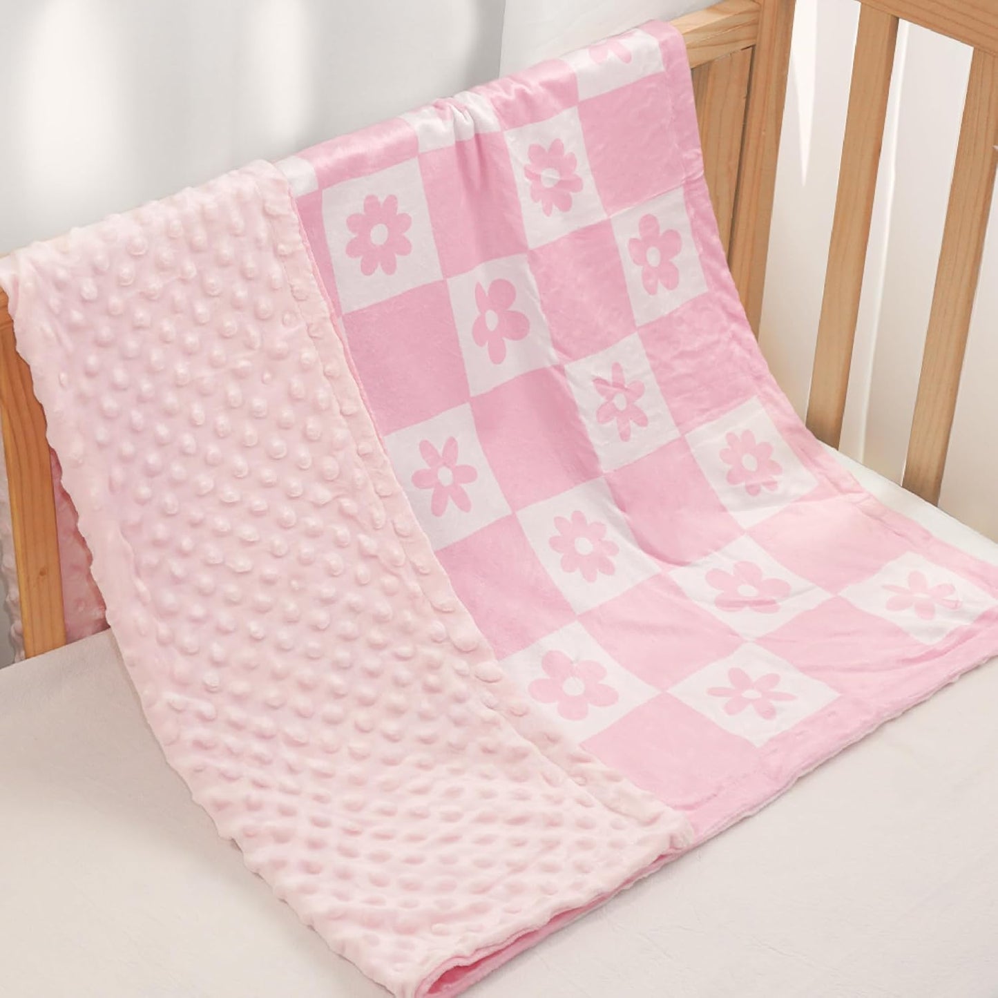 Daisy Minky Baby Blanket 30 x 40 Inches for Girls, Soft Plush Receiving Blanket with Dotted Back