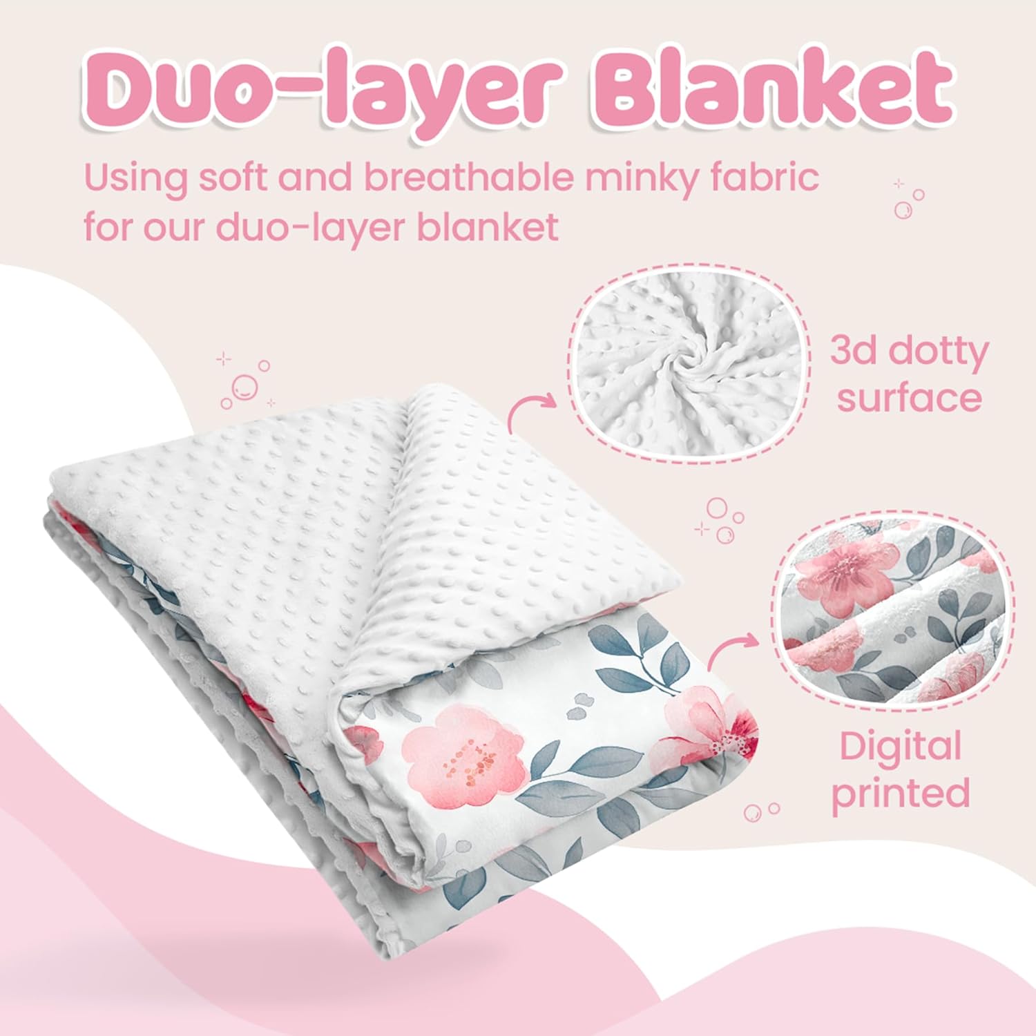 Floral Minky Baby Blanket 30 x 40 Inches for Boys Girls, Soft Plush Receiving Blanket with Dotted