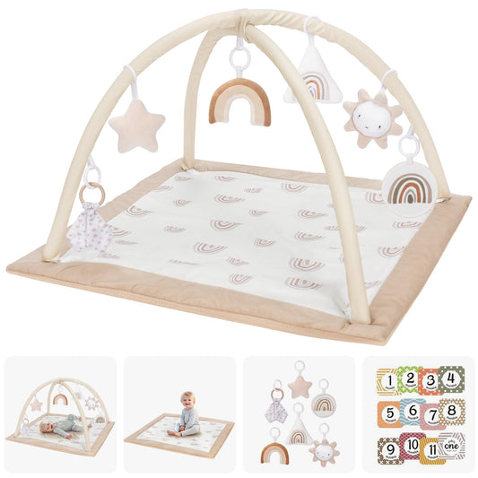 Mallify Washable Tummy Time Mat, Baby Play Gym with 6 Featured Toys and 12 Milestone Cards, Baby