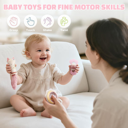Baby Toys 0-6 Months, Baby Rattles, Teething Toys 3-6 Months, Infant Toys 6-12 Months, 10PCS Pink