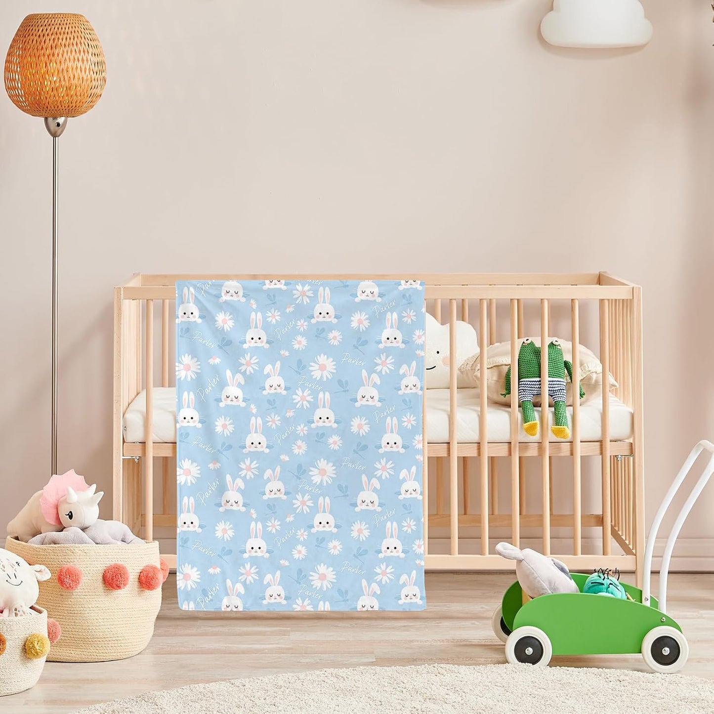 Personalized Baby Blanket with Name, Custom Floral Name Cute Rabbit Blanket Toddler Girls Soft Flannne Swaddling Blankets Customized Memorial Gift from Nane Grandma for Infant Newborn Shower