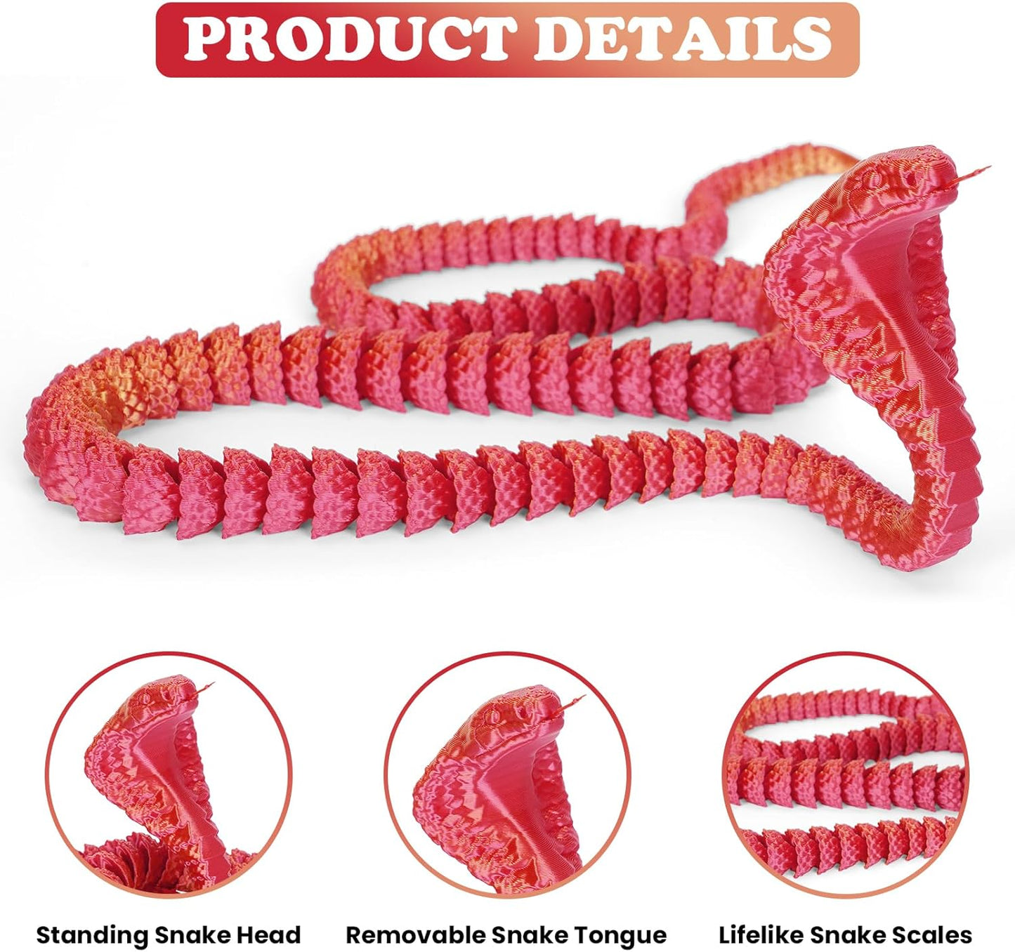 3D Printed Snake 3D Printed Animals 26in Printed Cobra Fidget Toys for Adults 3D Printed Articulated Cobra Flexiable Crystal Snake Toys for Home Office Decor