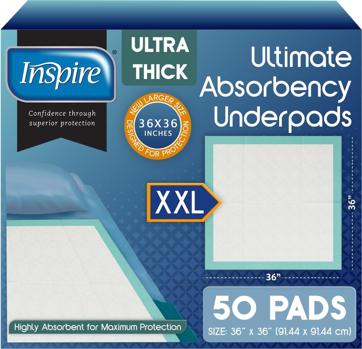 Inspire Extra Large Super Absorbent Disposable Bed Pads for Incontinence (36" X 36" Pack of 50)