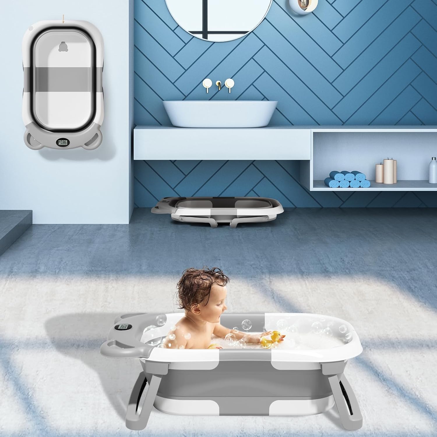 TPN Collapsible Baby Bathtub, Baby Bath Tub with Soft Cushion & Real-Time Thermometer, Baby Bathtub