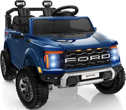 Licensed Ford F-150 Raptor 2 Seater Ride on Car for Kids, 24 Volt Ride on Toys for Boys w/Remote Control, Kids Electric Car w/LED Lights, Bluetooth, Truck Bed Storage, Soft Start (Blue)