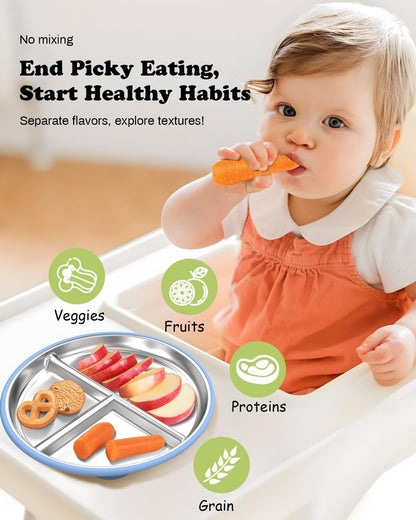 8" Stainless Steel Toddler Plates with Suction, Divided Plates with Removable Silicone Sleeves for Baby, Non Toxic & BPA Free |Unbreakable |Dishwasher Safe Dinnerware Set of 2, Blue & Gray