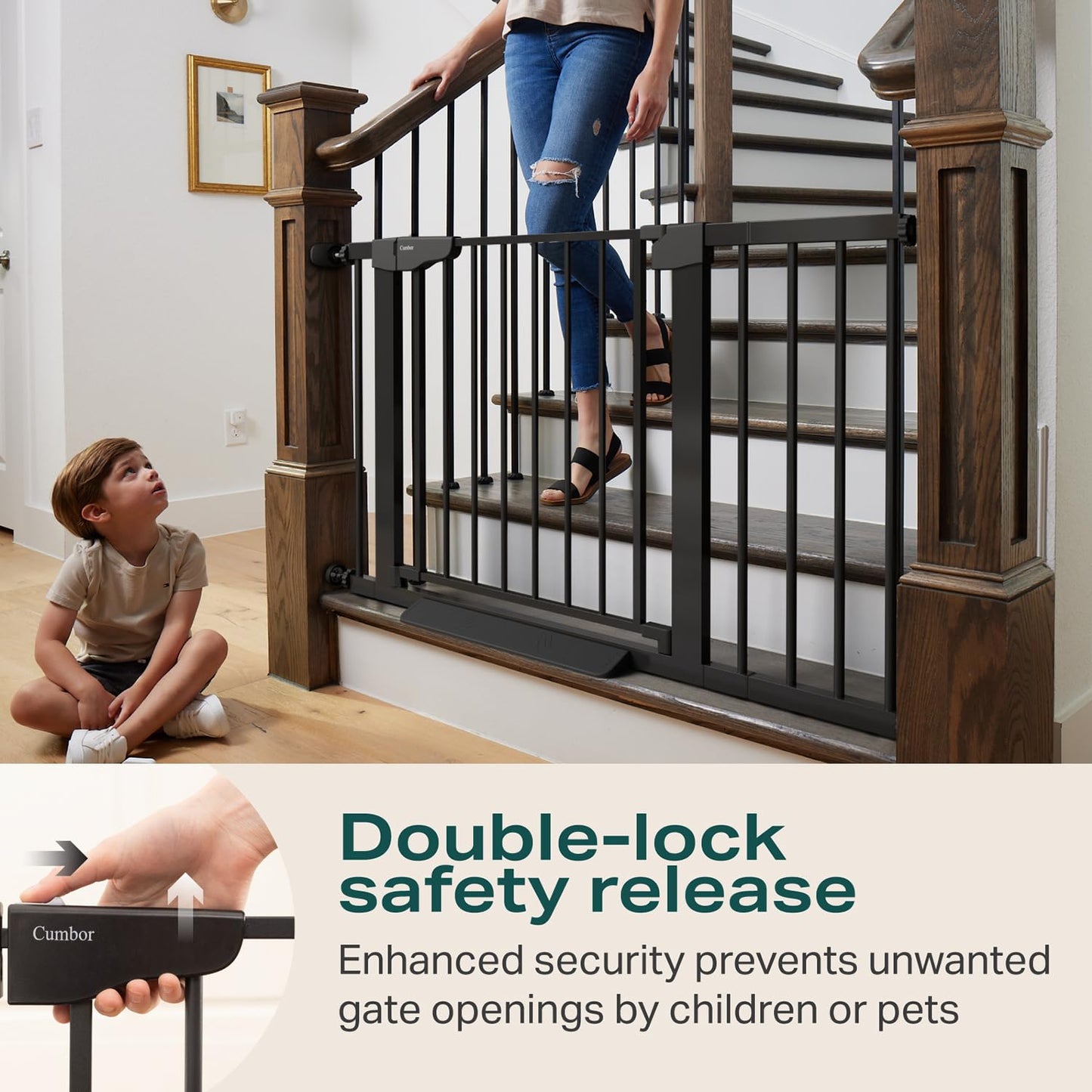 Cumbor 29.7-46" Baby Gate for Stairs, Mom's Choice Awards Winner-Auto Close Dog Gate for The House, Gifts for Mom, Easy Install Pressure Mounted Pet Gates for Doorways, Black