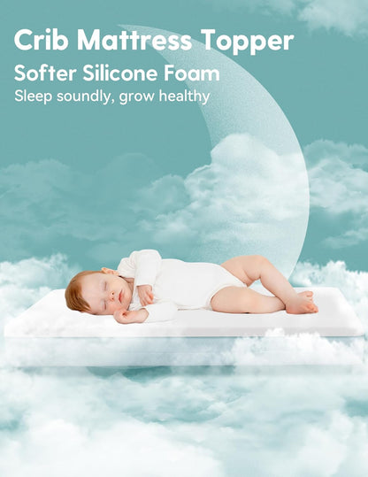 BABELIO Machine Washable Crib Mattress Topper, Soft Breathable Silicone Foam Toddler Mattress Topper Pad with Removable Zipper Cover 52" x 27" x 1"
