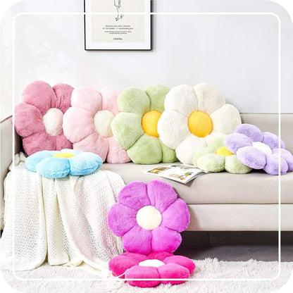 Blue Flower Pillow, Cute Decorative Shaped Throw Pillow With Faux Rabbit Fur, 19.6" Soft Plush Floor Pillows Room Decor for Bedroom Living Room