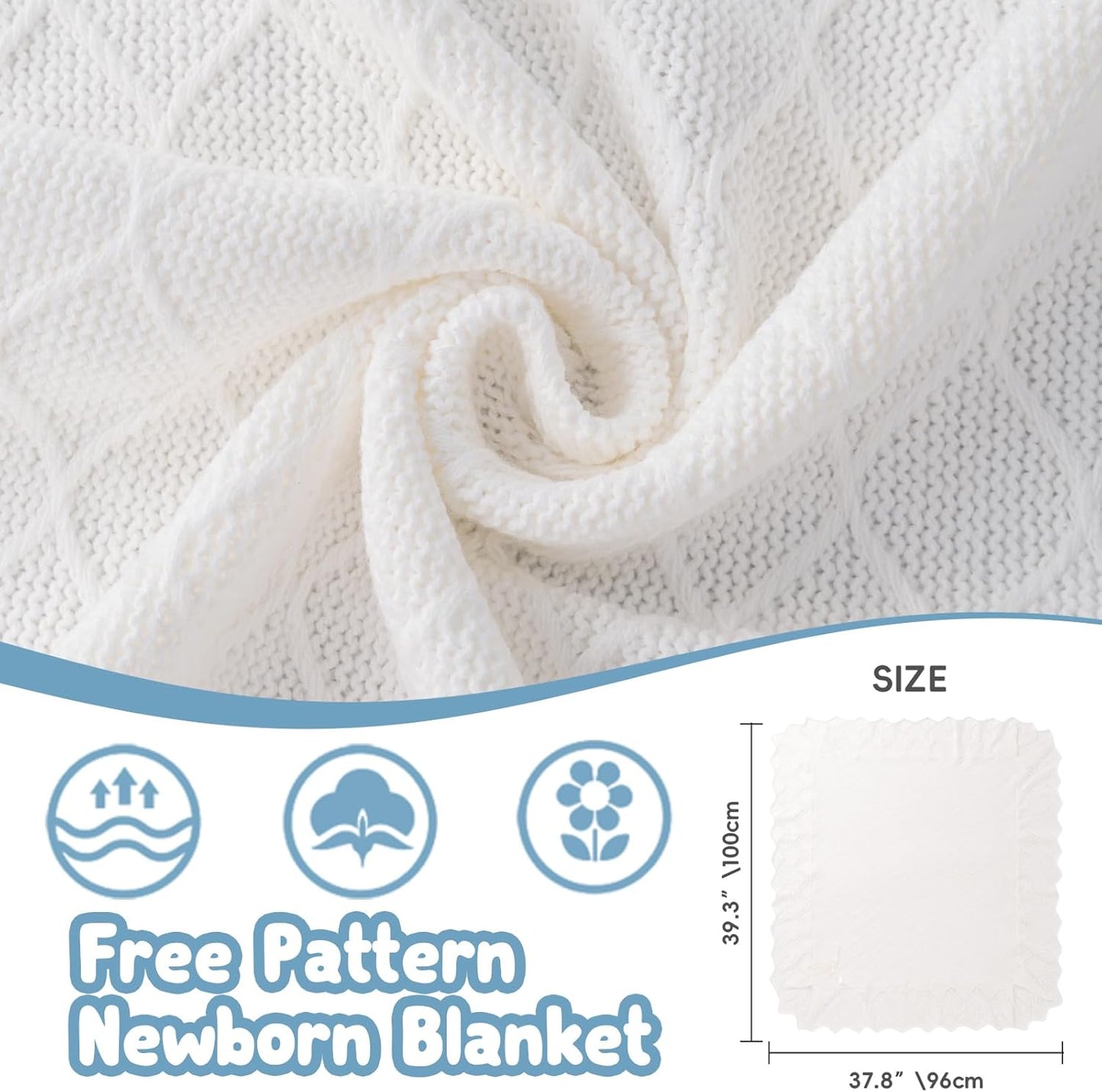 Booulfi Knit White Baby Blankets Neutral,Crib Stroller Newborn Blankets for Boys Girls,Cotton Lace