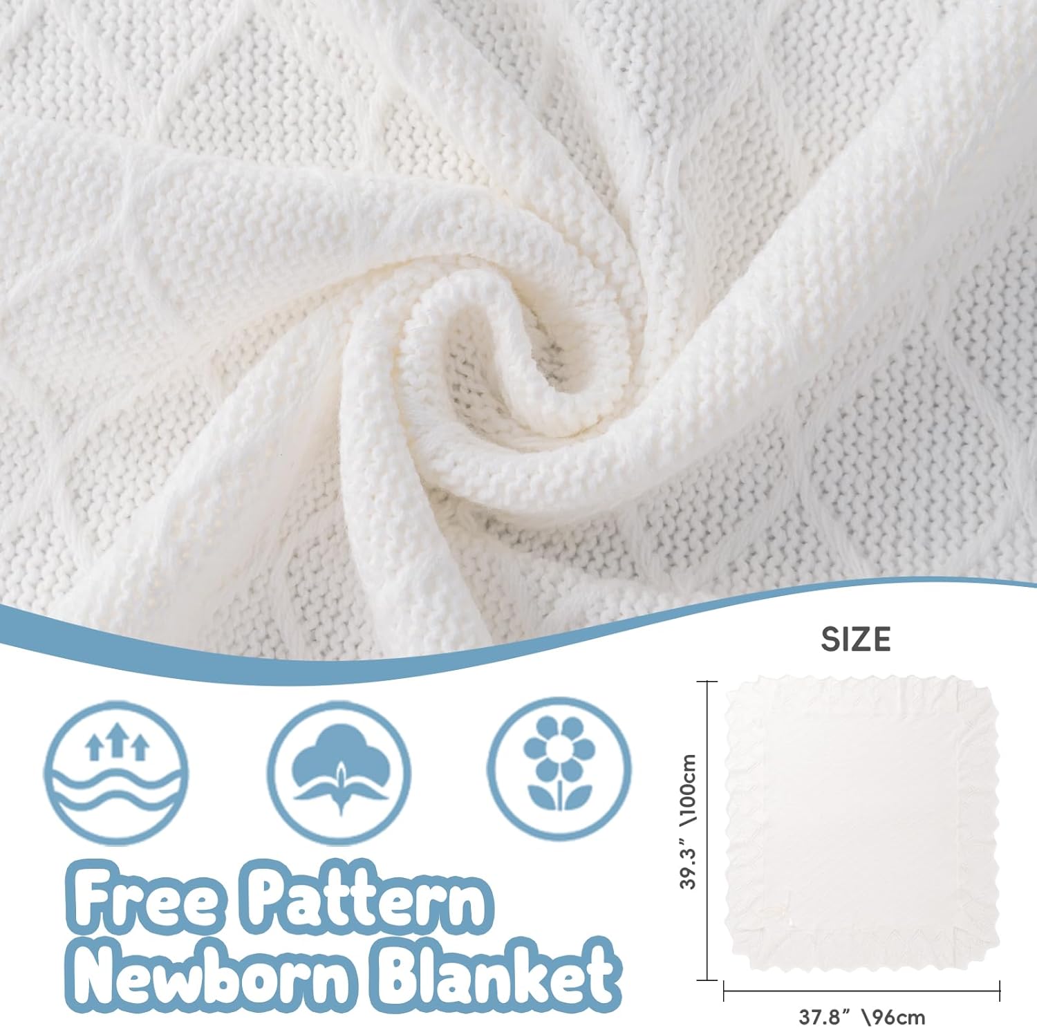 Booulfi Knit White Baby Blankets Neutral,Crib Stroller Newborn Blankets for Boys Girls,Cotton Lace