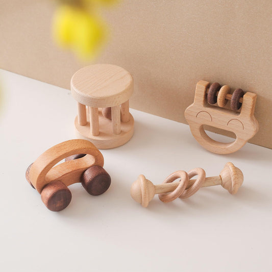 Wooden Baby Rattle Set, Newborn Wooden Rattle Toy, Natural Wooden Montessori Baby Grip Toy, Baby