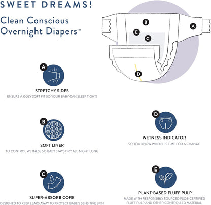 The Honest Company Clean Conscious Overnight Diapers for Sensitive Skin | Hypoallergenic, Fragrance Free | Cozy Cloud + Star Signs | Club Box, Size 3 (16-28 lbs), 52 Count