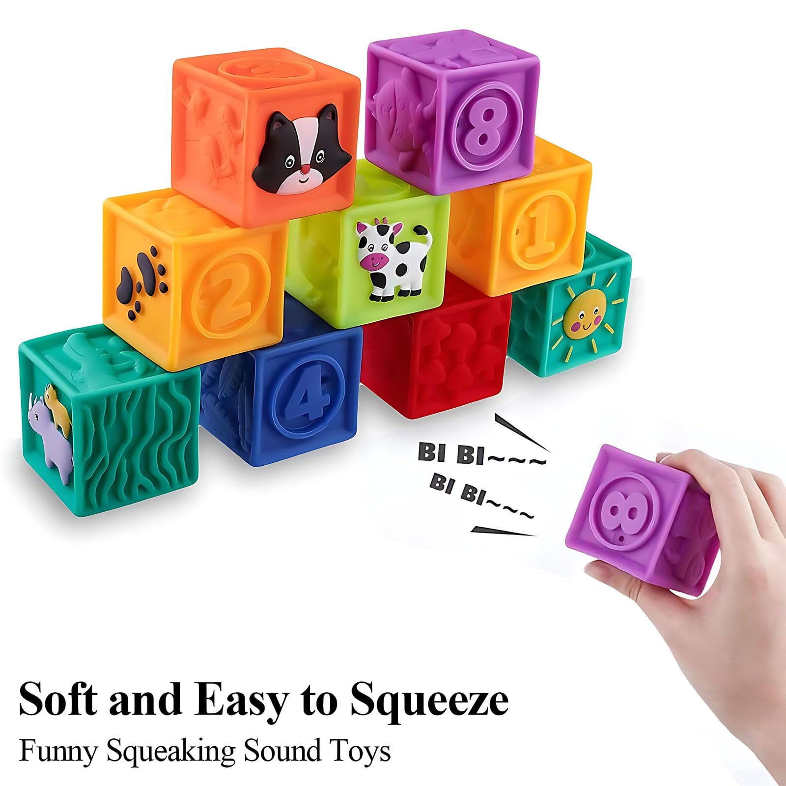 Kingtree Baby Blocks, 9PCS Soft Squeeze Building Blocks Stacking Toys for 6+ Months Babies, Baby